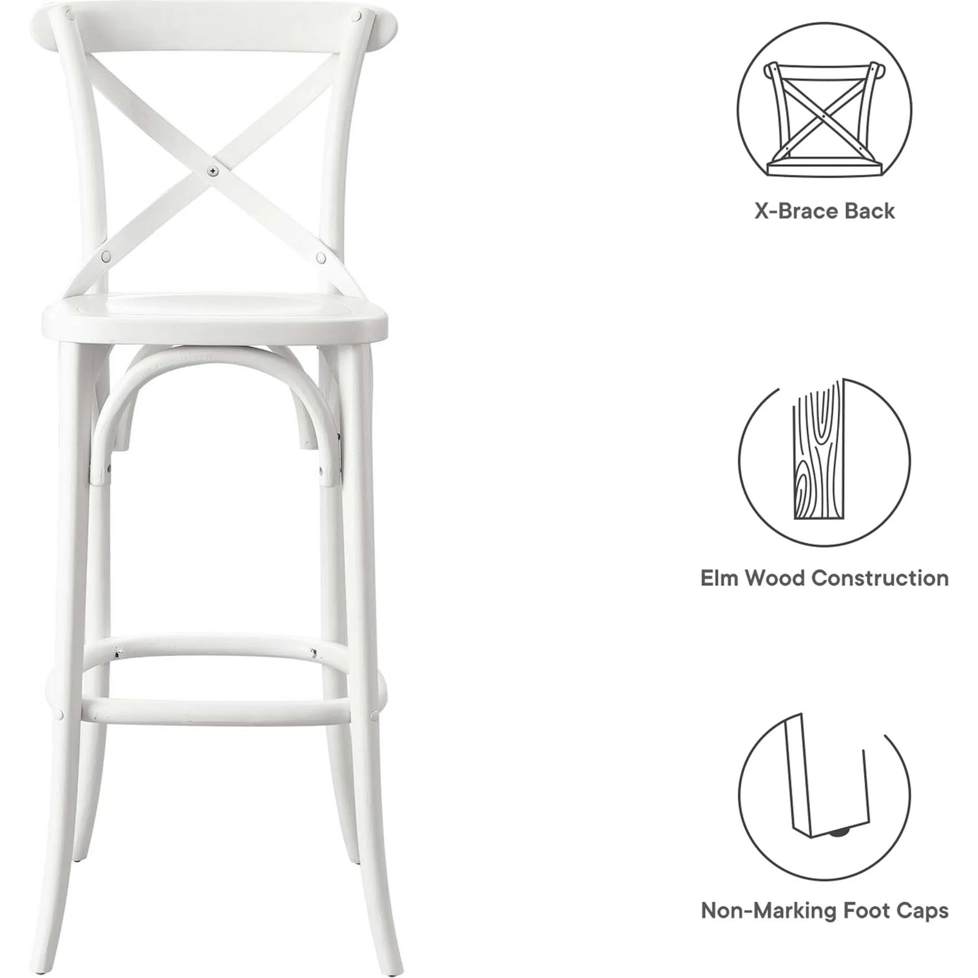 Easton Bar Stool by Evans & Londeen. Made from seat board is chinese elm wood, white foot pins in a transitional style.