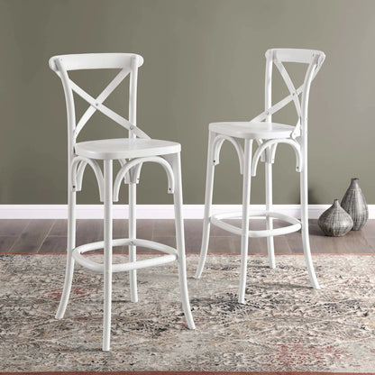 Easton Bar Stool by Evans & Londeen. Made from seat board is chinese elm wood, white foot pins in a transitional style.