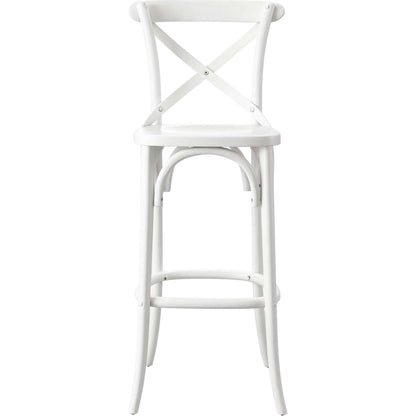 Easton Bar Stool by Evans & Londeen. Made from seat board is chinese elm wood, white foot pins in a transitional style.