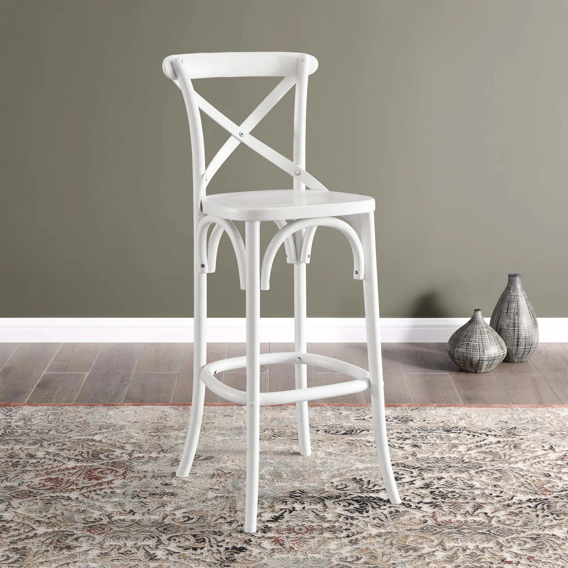 Easton Bar Stool by Evans & Londeen. Made from seat board is chinese elm wood, white foot pins in a transitional style.