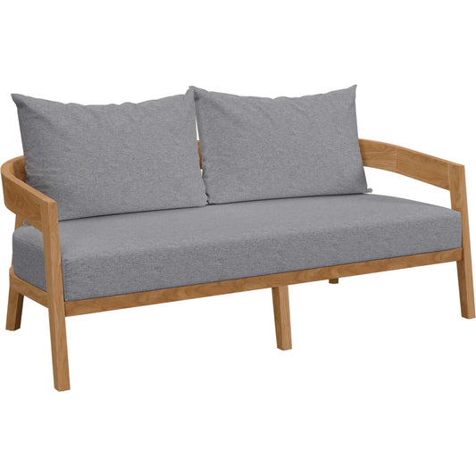 001 SI-1929578 | Primary Silo | Hazelton Teak Wood Loveseat by Evans & Londeen. Made from teak wood, polyester, mesh sling, plastic tack glides, stainless steel in a modern style.