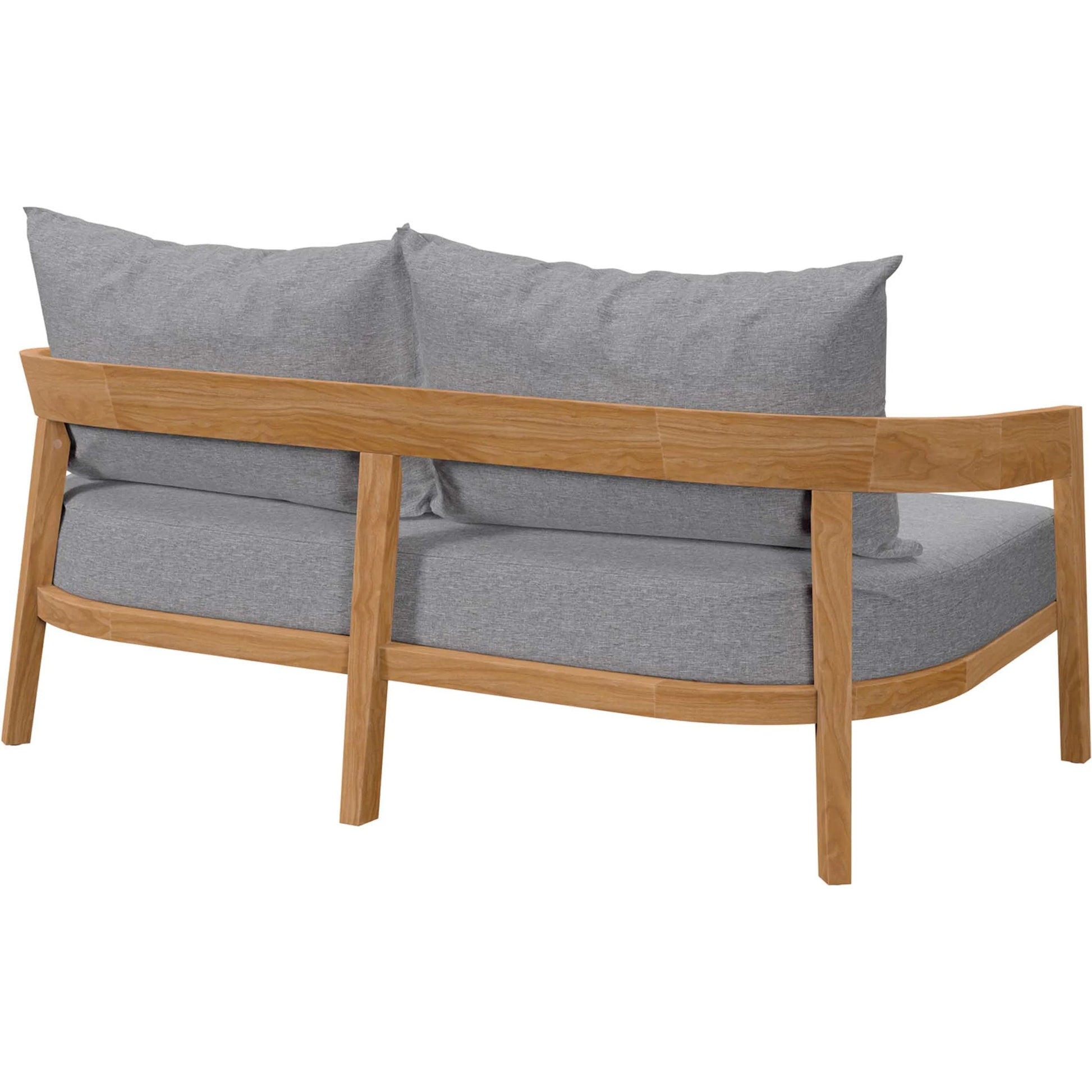 Hazelton Teak Wood Loveseat by Evans & Londeen. Made from teak wood, polyester, mesh sling, plastic tack glides, stainless steel in a modern style.