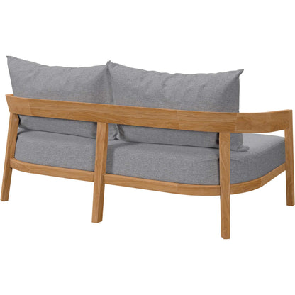 Hazelton Teak Wood Loveseat by Evans & Londeen. Made from teak wood, polyester, mesh sling, plastic tack glides, stainless steel in a modern style.