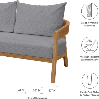 Hazelton Teak Wood Loveseat by Evans & Londeen. Made from teak wood, polyester, mesh sling, plastic tack glides, stainless steel in a modern style.