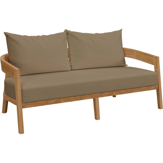 Hazelton Teak Wood Loveseat by Evans & Londeen. Made from teak wood, polyester, mesh sling, plastic tack glides, stainless steel in a modern style.