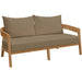Hazelton Teak Wood Loveseat by Evans & Londeen. Made from teak wood, polyester, mesh sling, plastic tack glides, stainless steel in a modern style.