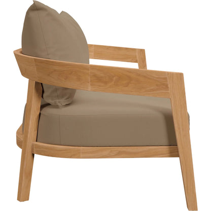 Hazelton Teak Wood Loveseat by Evans & Londeen. Made from teak wood, polyester, mesh sling, plastic tack glides, stainless steel in a modern style.