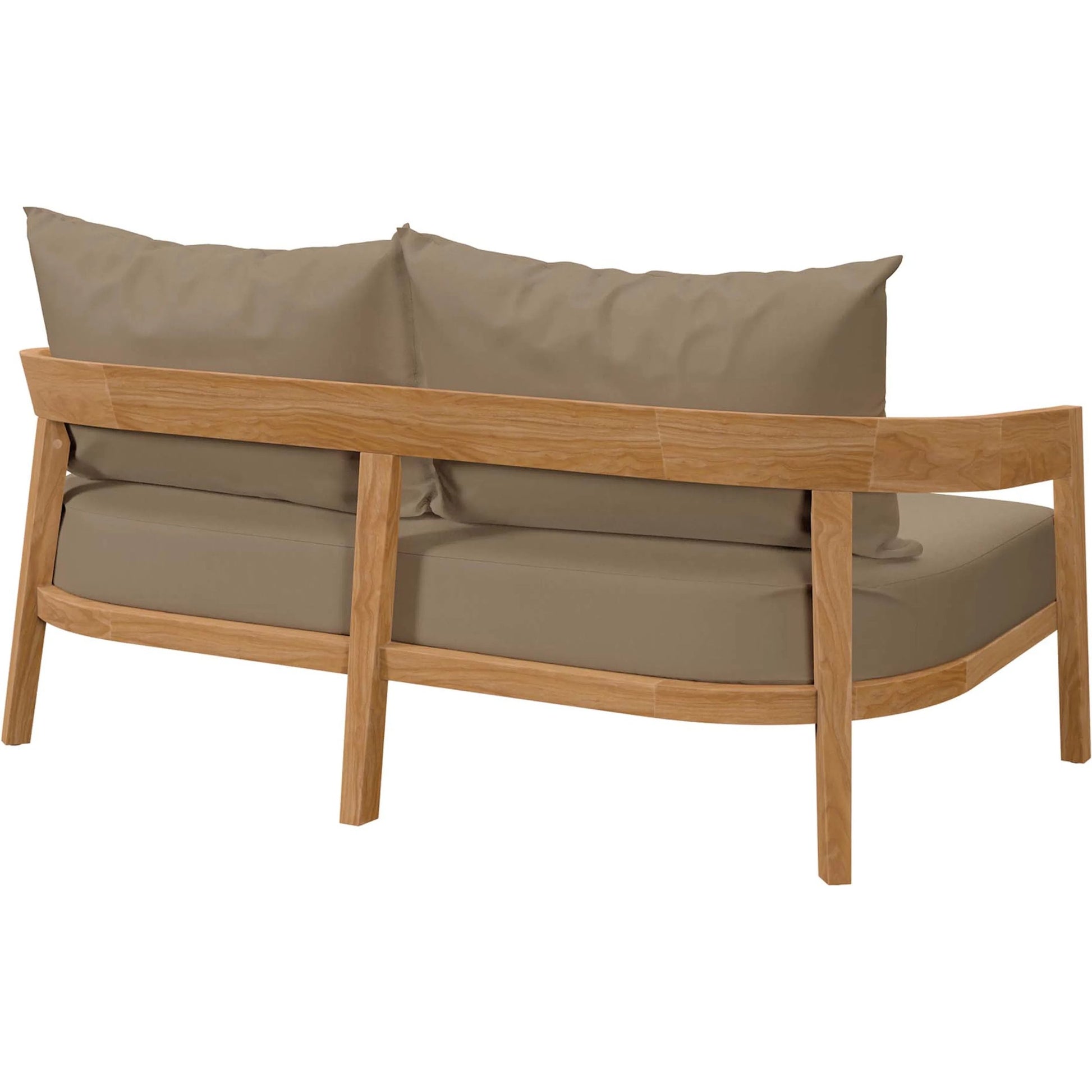 Hazelton Teak Wood Loveseat by Evans & Londeen. Made from teak wood, polyester, mesh sling, plastic tack glides, stainless steel in a modern style.