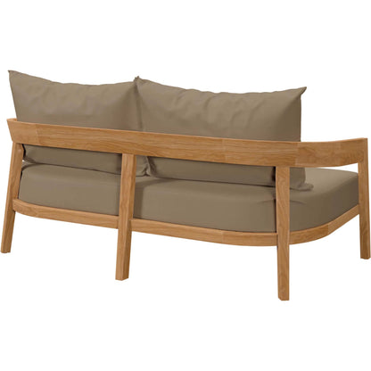 Hazelton Teak Wood Loveseat by Evans & Londeen. Made from teak wood, polyester, mesh sling, plastic tack glides, stainless steel in a modern style.