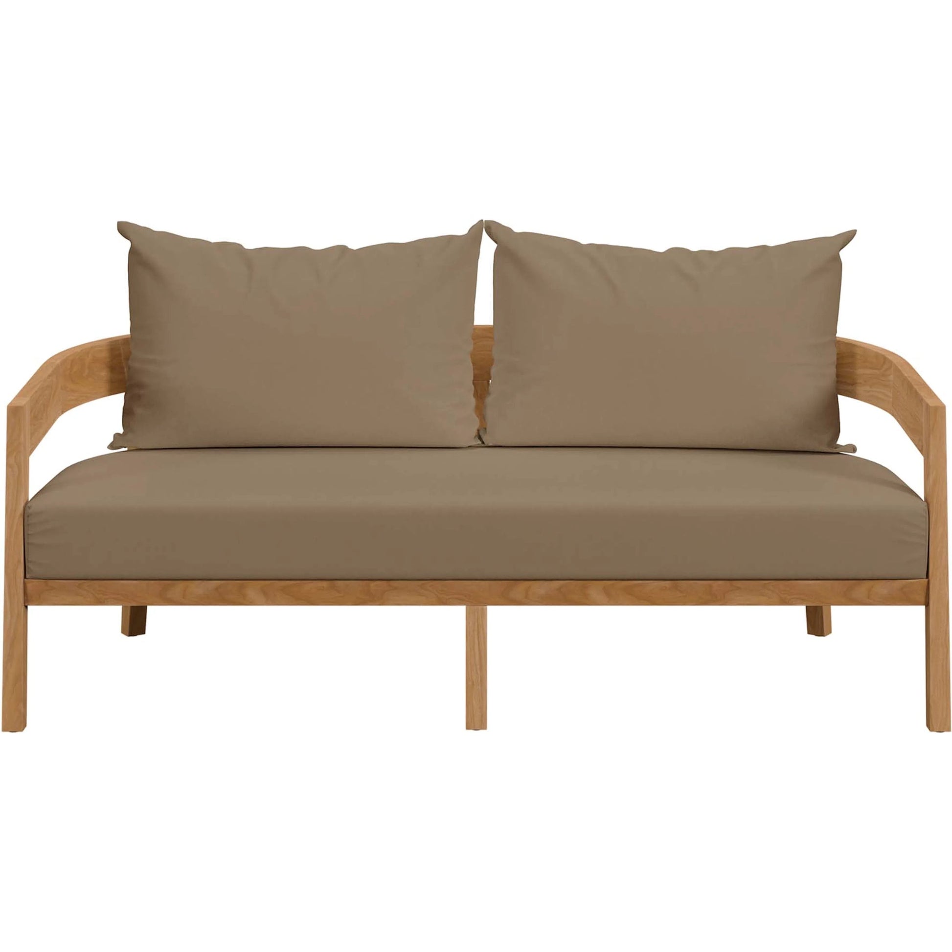 Hazelton Teak Wood Loveseat by Evans & Londeen. Made from teak wood, polyester, mesh sling, plastic tack glides, stainless steel in a modern style.