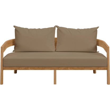 Hazelton Teak Wood Loveseat by Evans & Londeen. Made from teak wood, polyester, mesh sling, plastic tack glides, stainless steel in a modern style.