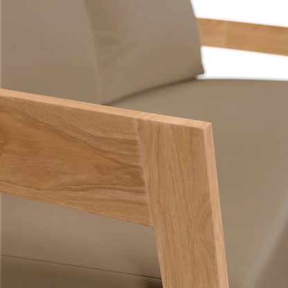 Hazelton Teak Wood Loveseat by Evans & Londeen. Made from teak wood, polyester, mesh sling, plastic tack glides, stainless steel in a modern style.