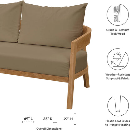 Hazelton Teak Wood Loveseat by Evans & Londeen. Made from teak wood, polyester, mesh sling, plastic tack glides, stainless steel in a modern style.