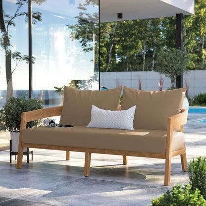 Hazelton Teak Wood Loveseat by Evans & Londeen. Made from teak wood, polyester, mesh sling, plastic tack glides, stainless steel in a modern style.
