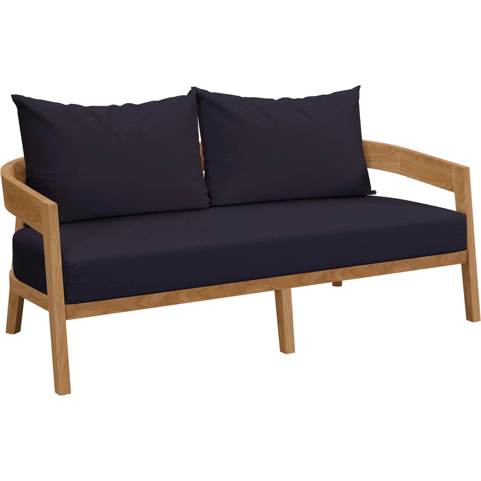 Hazelton Teak Wood Loveseat by Evans & Londeen. Made from teak wood, polyester, mesh sling, plastic tack glides, stainless steel in a modern style.