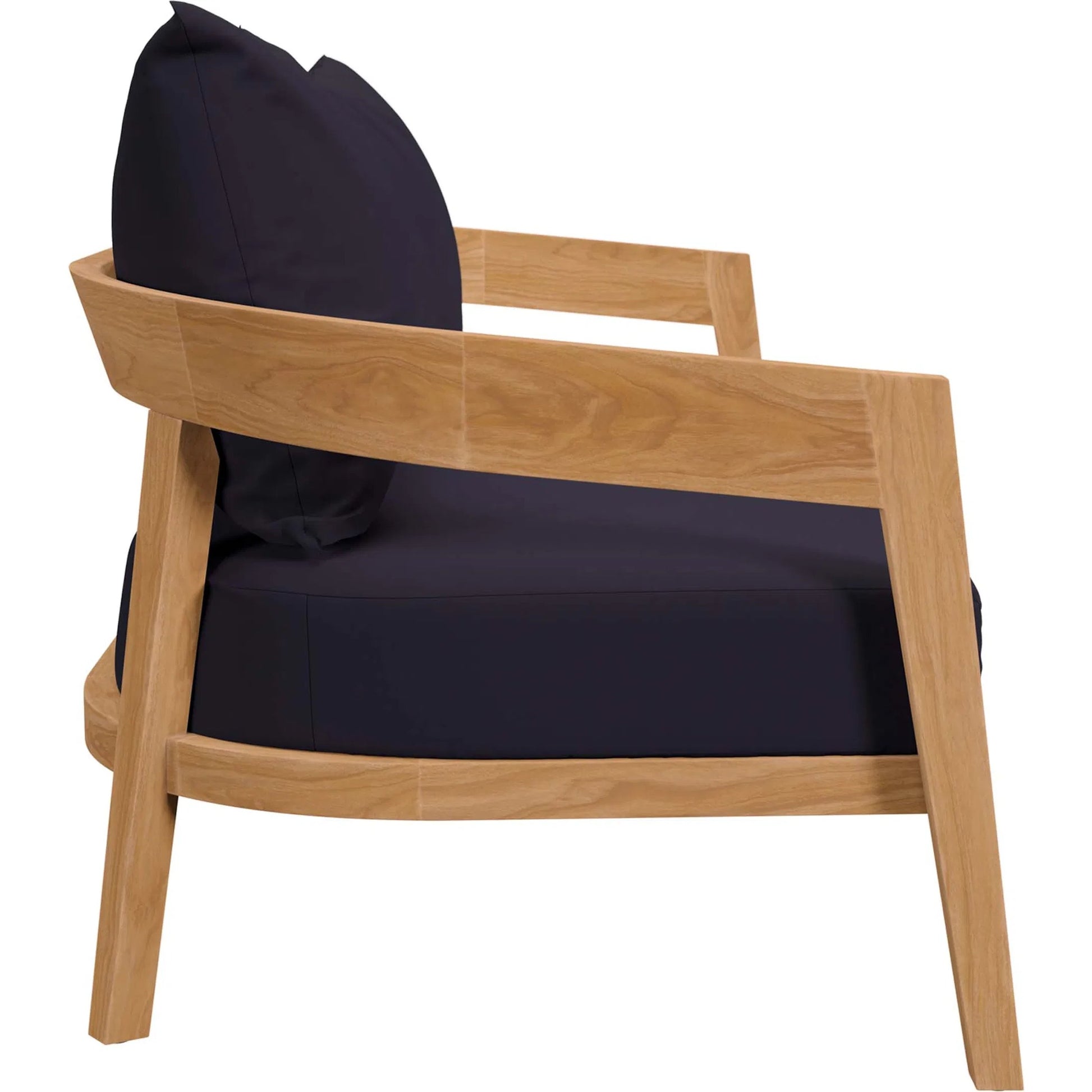 Hazelton Teak Wood Loveseat by Evans & Londeen. Made from teak wood, polyester, mesh sling, plastic tack glides, stainless steel in a modern style.