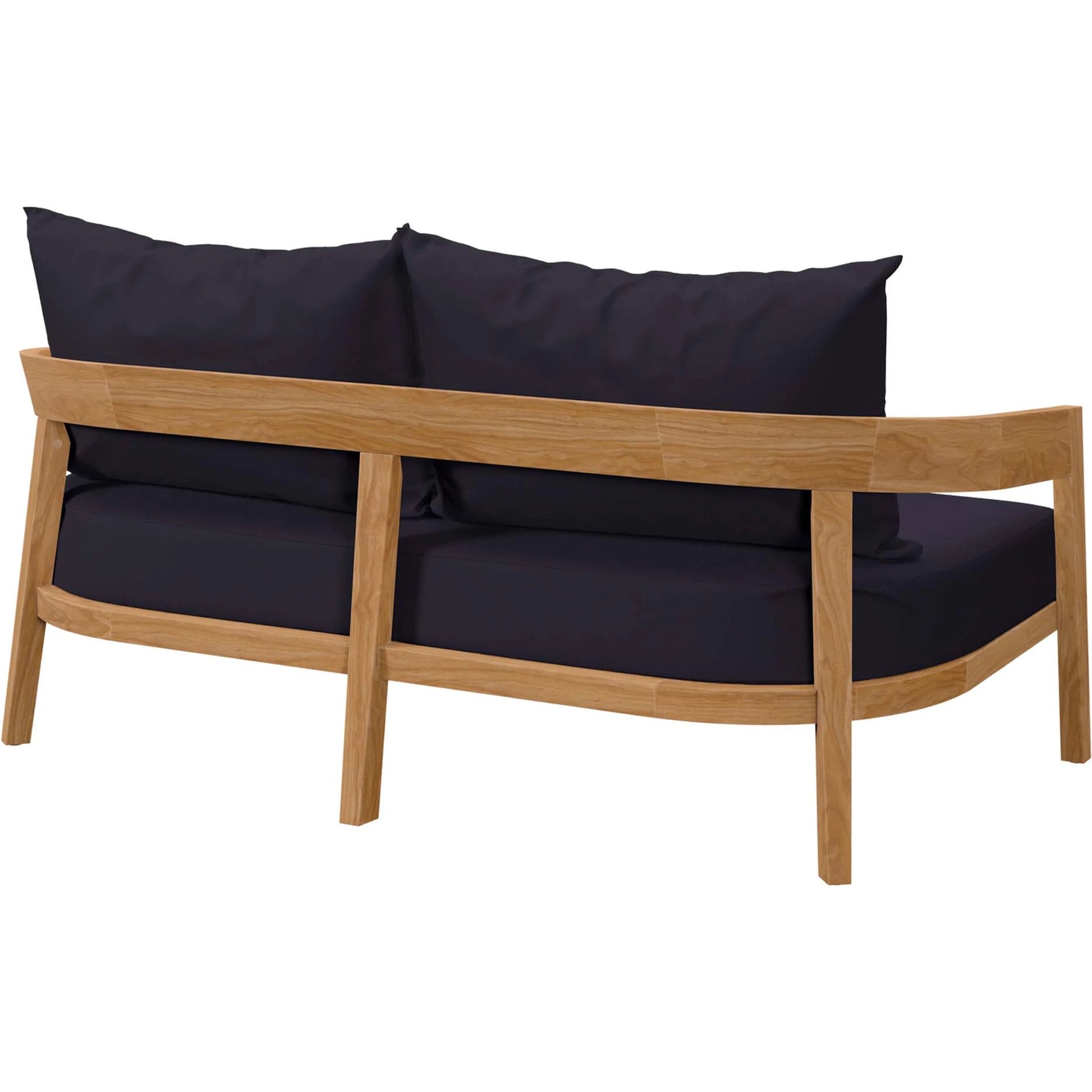 Hazelton Teak Wood Loveseat by Evans & Londeen. Made from teak wood, polyester, mesh sling, plastic tack glides, stainless steel in a modern style.