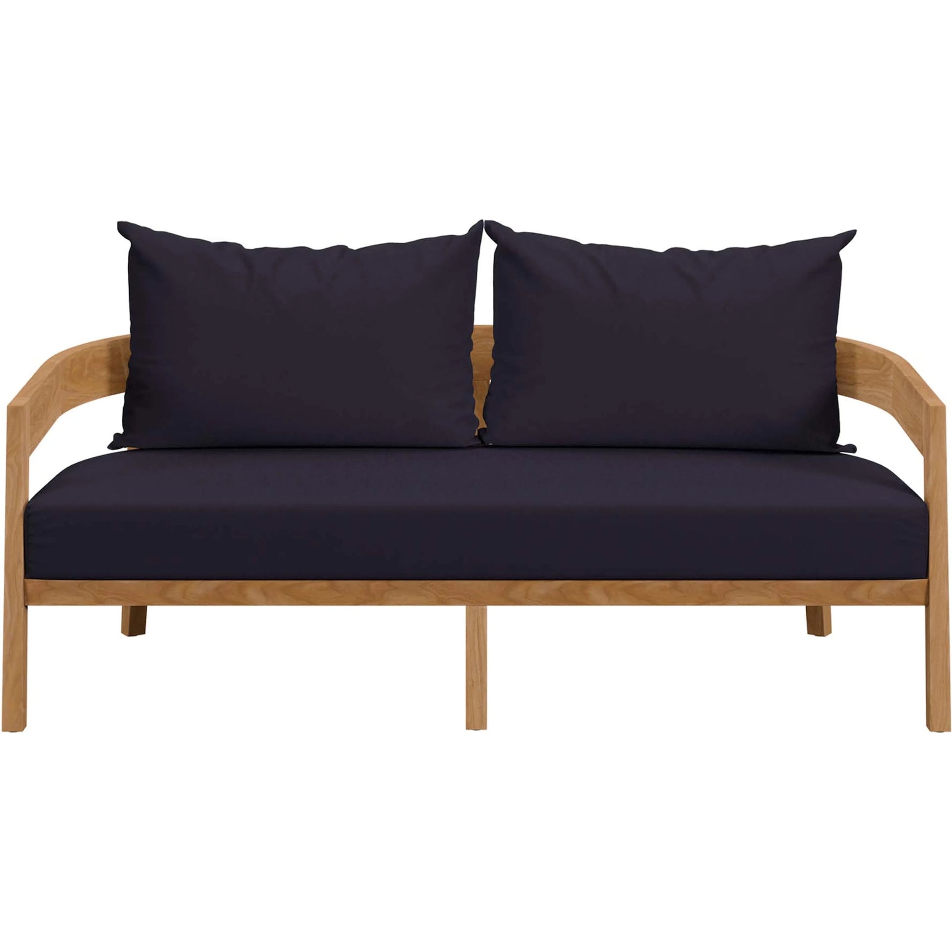 Hazelton Teak Wood Loveseat by Evans & Londeen. Made from teak wood, polyester, mesh sling, plastic tack glides, stainless steel in a modern style.