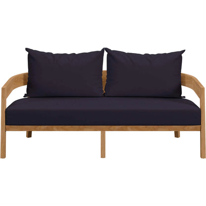 Hazelton Teak Wood Loveseat by Evans & Londeen. Made from teak wood, polyester, mesh sling, plastic tack glides, stainless steel in a modern style.