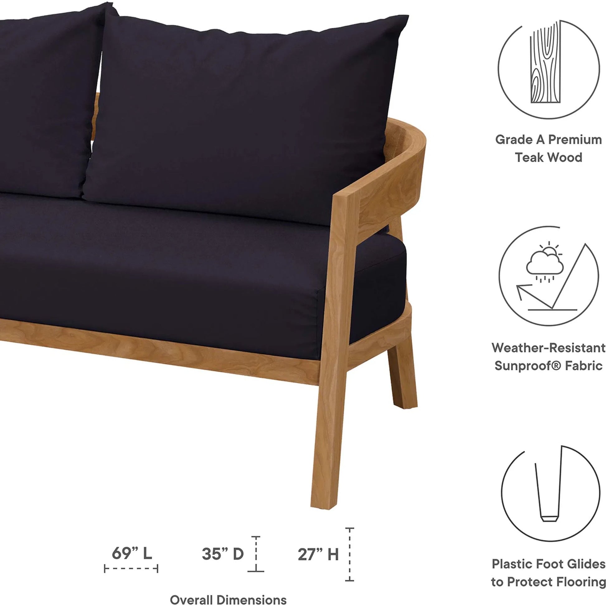 Hazelton Teak Wood Loveseat by Evans & Londeen. Made from teak wood, polyester, mesh sling, plastic tack glides, stainless steel in a modern style.