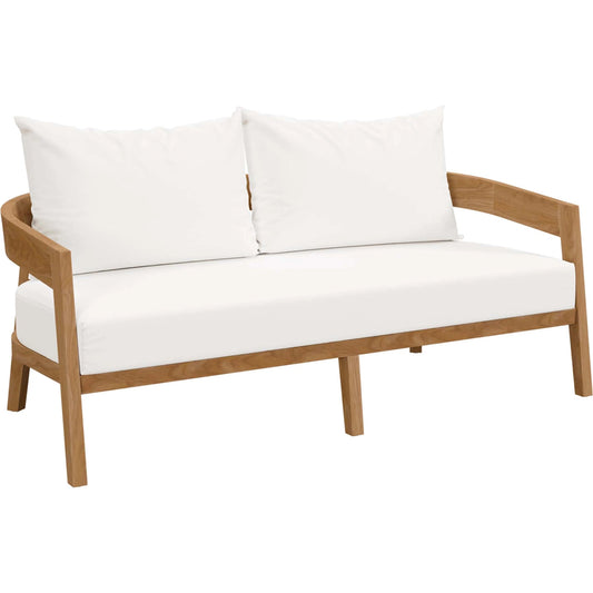 Hazelton Teak Wood Loveseat by Evans & Londeen. Made from teak wood, polyester, mesh sling, plastic tack glides, stainless steel in a modern style.