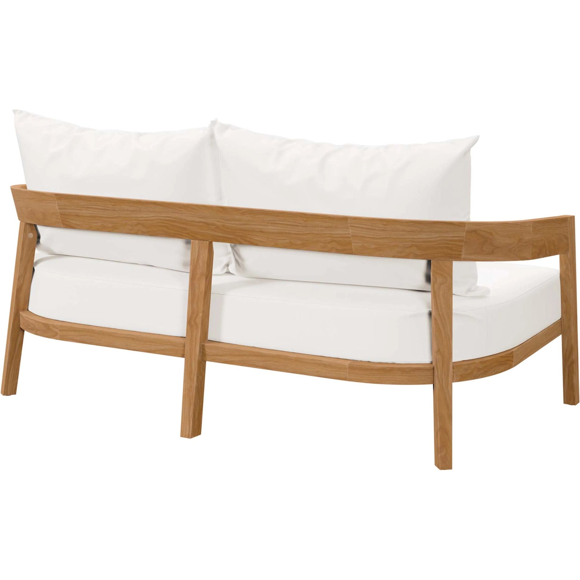 Hazelton Teak Wood Loveseat by Evans & Londeen. Made from teak wood, polyester, mesh sling, plastic tack glides, stainless steel in a modern style.