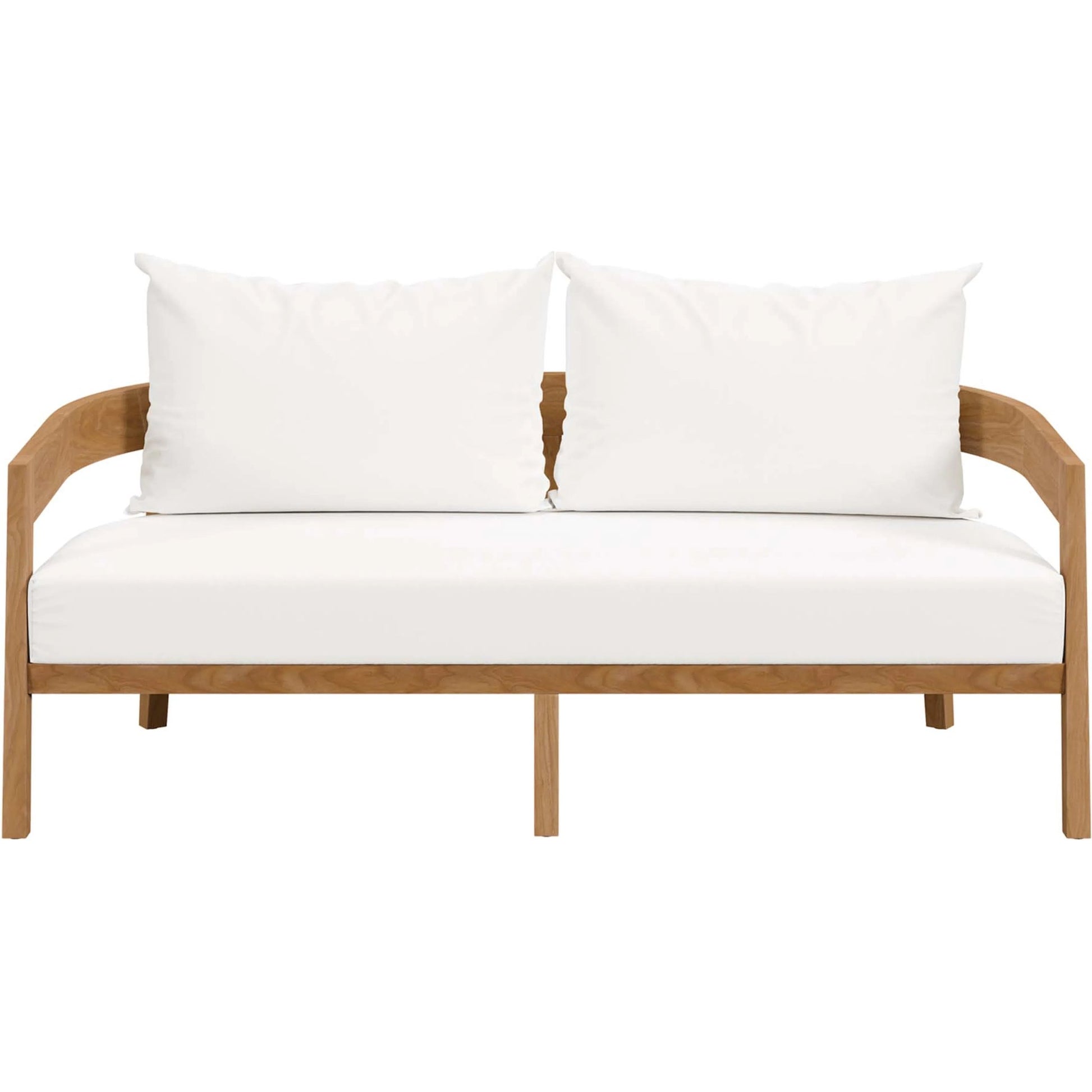 Hazelton Teak Wood Loveseat by Evans & Londeen. Made from teak wood, polyester, mesh sling, plastic tack glides, stainless steel in a modern style.