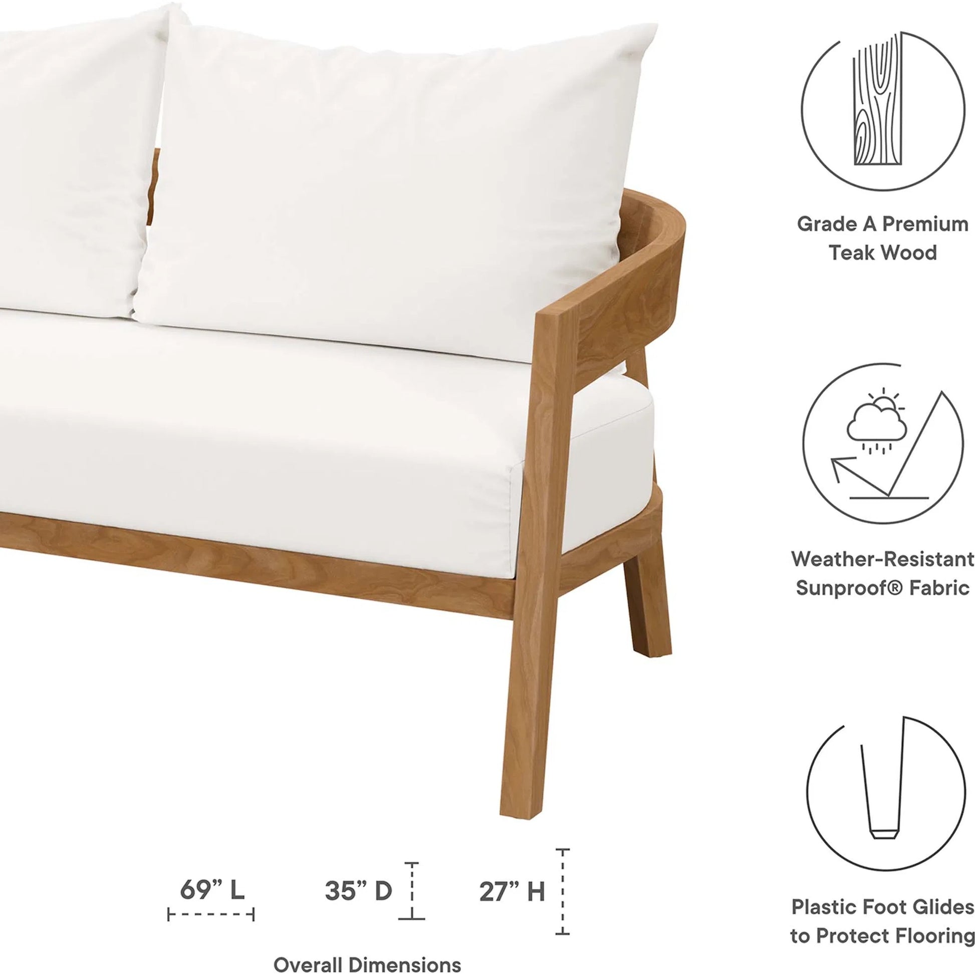 Hazelton Teak Wood Loveseat by Evans & Londeen. Made from teak wood, polyester, mesh sling, plastic tack glides, stainless steel in a modern style.