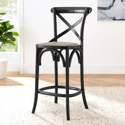 Easton Counter Stool by Evans & Londeen. Made from seat board: edge chinese elm wood, middle p2 plywood, top rattan, white foot pins in a transitional style.