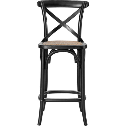 Easton Counter Stool by Evans & Londeen. Made from seat board: edge chinese elm wood, middle p2 plywood, top rattan, white foot pins in a transitional style.
