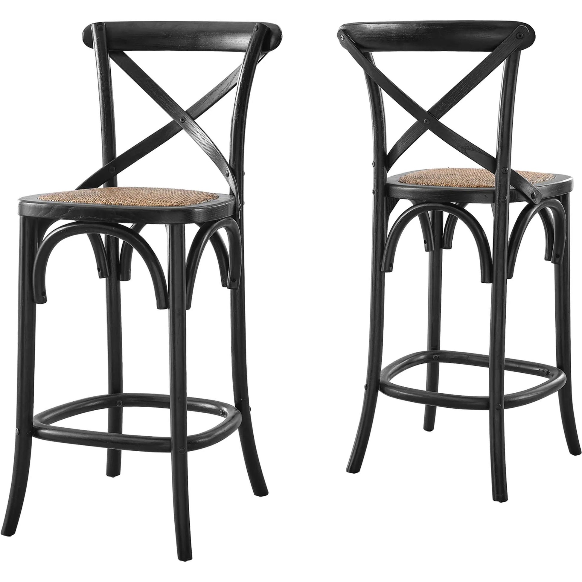 Easton Counter Stool by Evans & Londeen. Made from seat board: edge chinese elm wood, middle p2 plywood, top rattan, white foot pins in a transitional style.