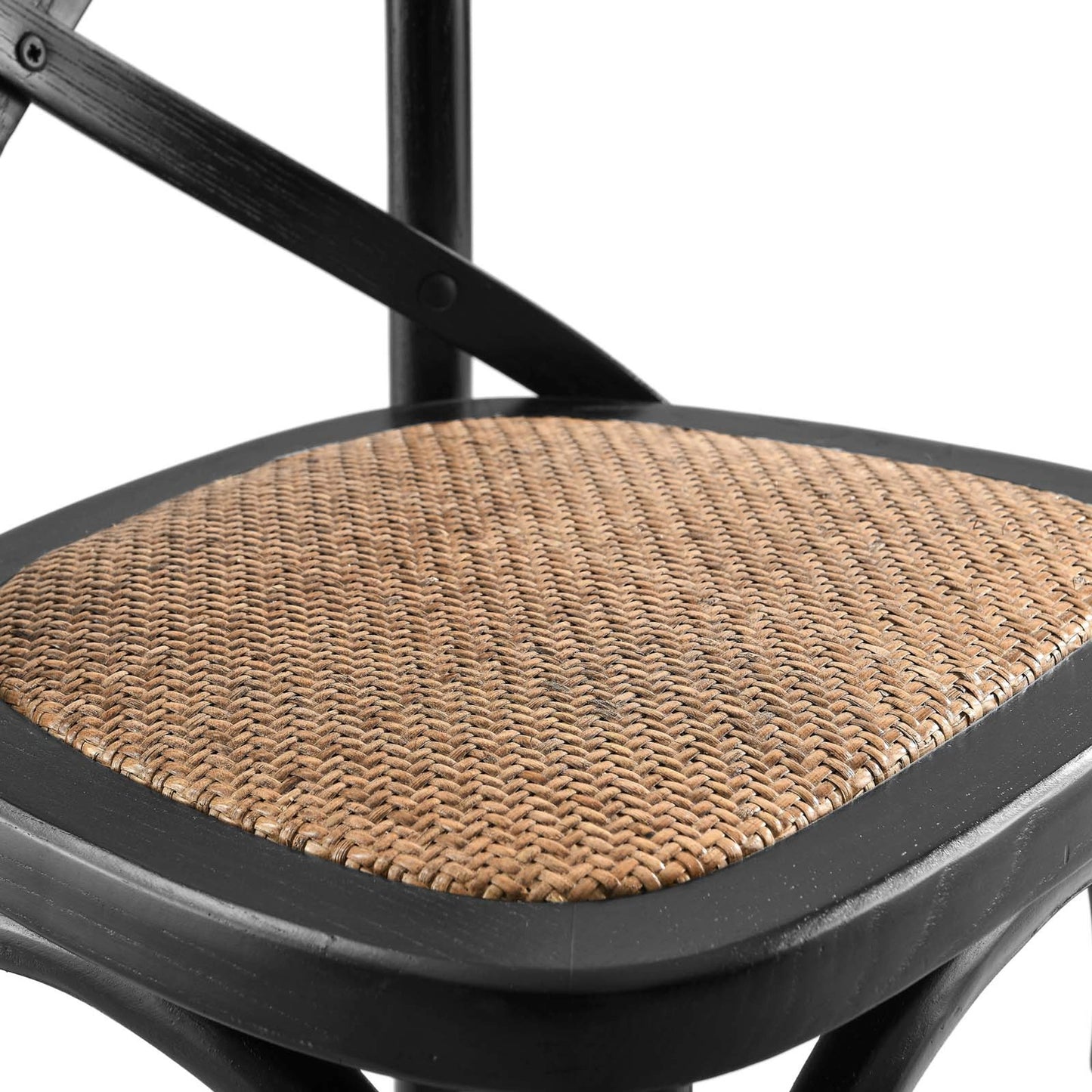 007 SI-2002559 | Closeup | Easton Counter Stool by Evans & Londeen. Made from seat board: edge chinese elm wood, middle p2 plywood, top rattan, white foot pins in a transitional style.