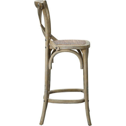 Easton Counter Stool by Evans & Londeen. Made from seat board: edge chinese elm wood, middle p2 plywood, top rattan, white foot pins in a transitional style.