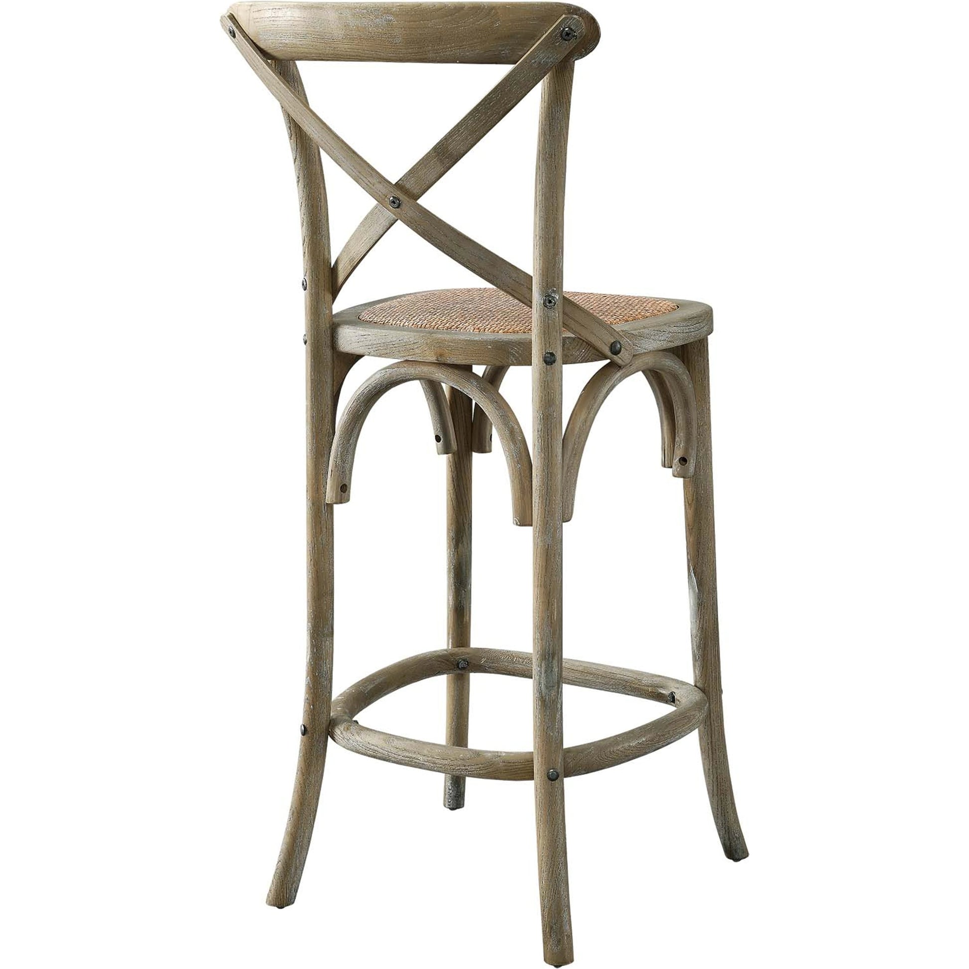 Easton Counter Stool by Evans & Londeen. Made from seat board: edge chinese elm wood, middle p2 plywood, top rattan, white foot pins in a transitional style.