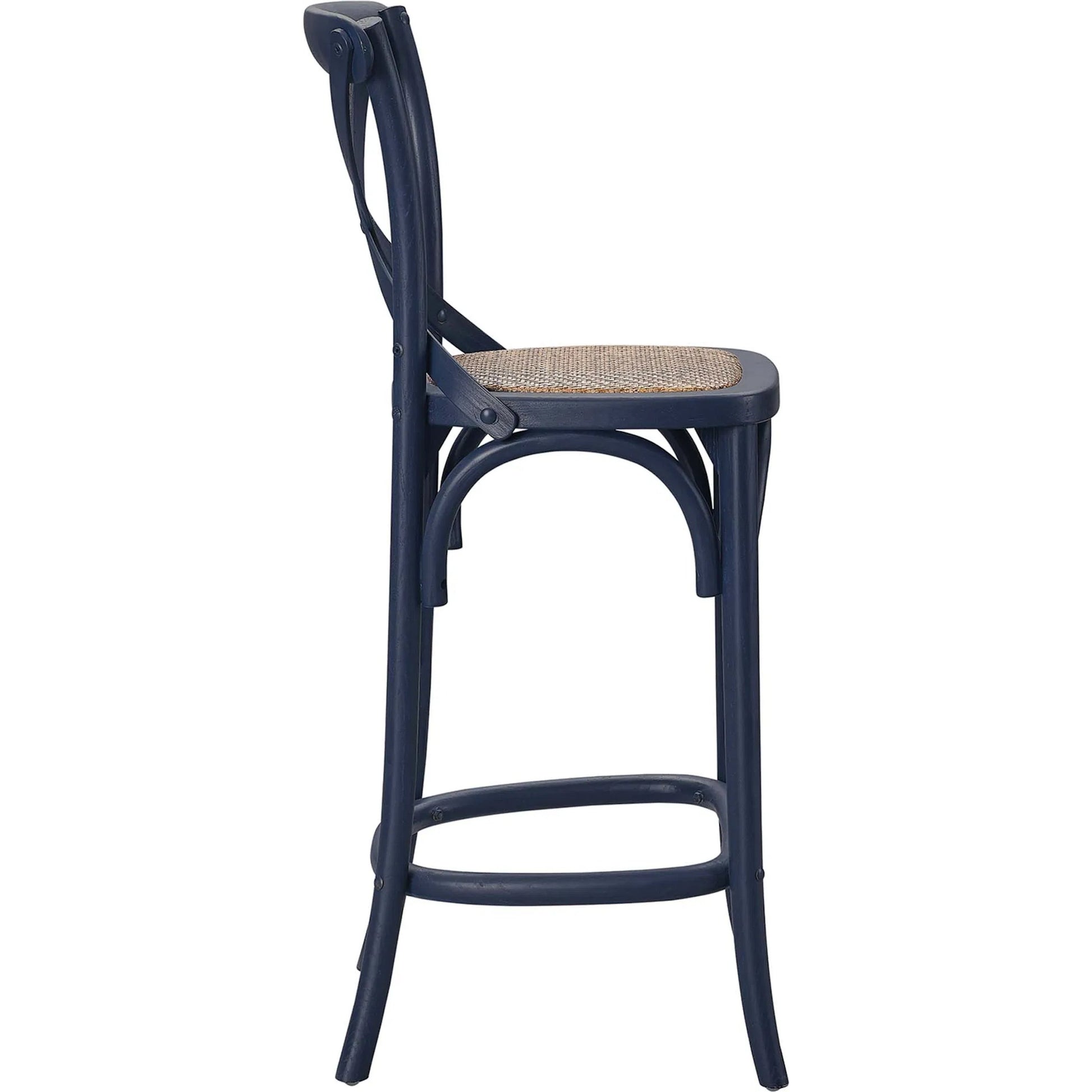 Easton Counter Stool by Evans & Londeen. Made from seat board: edge chinese elm wood, middle p2 plywood, top rattan, white foot pins in a transitional style.