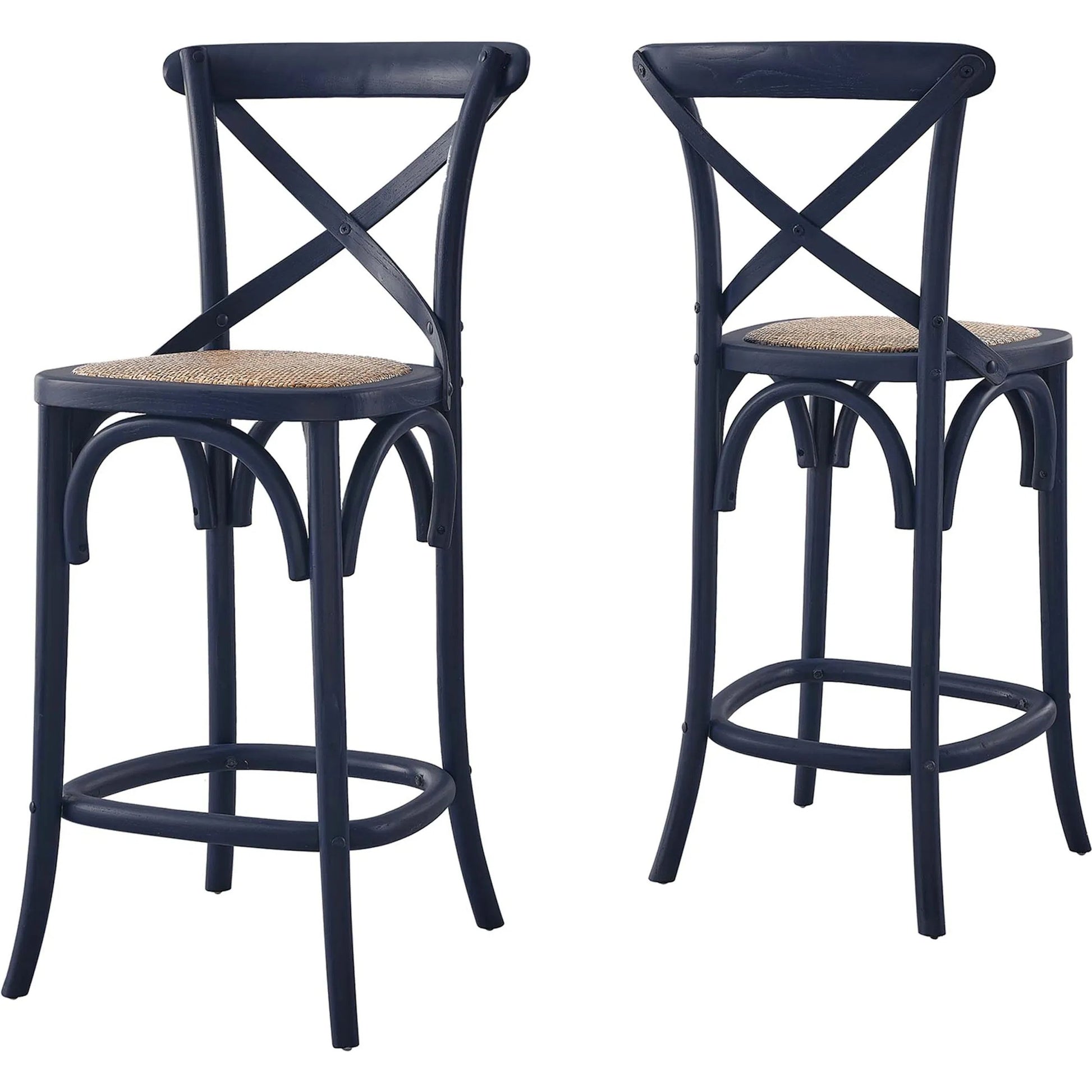 Easton Counter Stool by Evans & Londeen. Made from seat board: edge chinese elm wood, middle p2 plywood, top rattan, white foot pins in a transitional style.