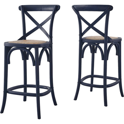Easton Counter Stool by Evans & Londeen. Made from seat board: edge chinese elm wood, middle p2 plywood, top rattan, white foot pins in a transitional style.