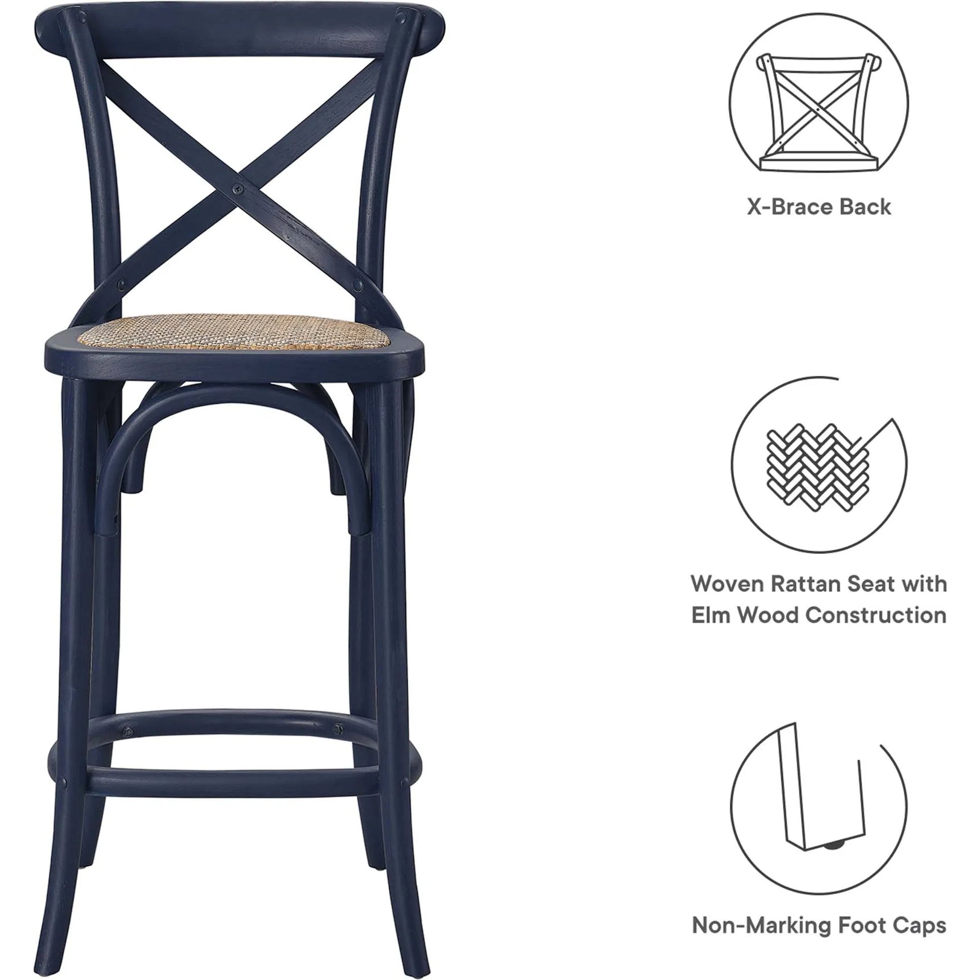 Easton Counter Stool by Evans & Londeen. Made from seat board: edge chinese elm wood, middle p2 plywood, top rattan, white foot pins in a transitional style.