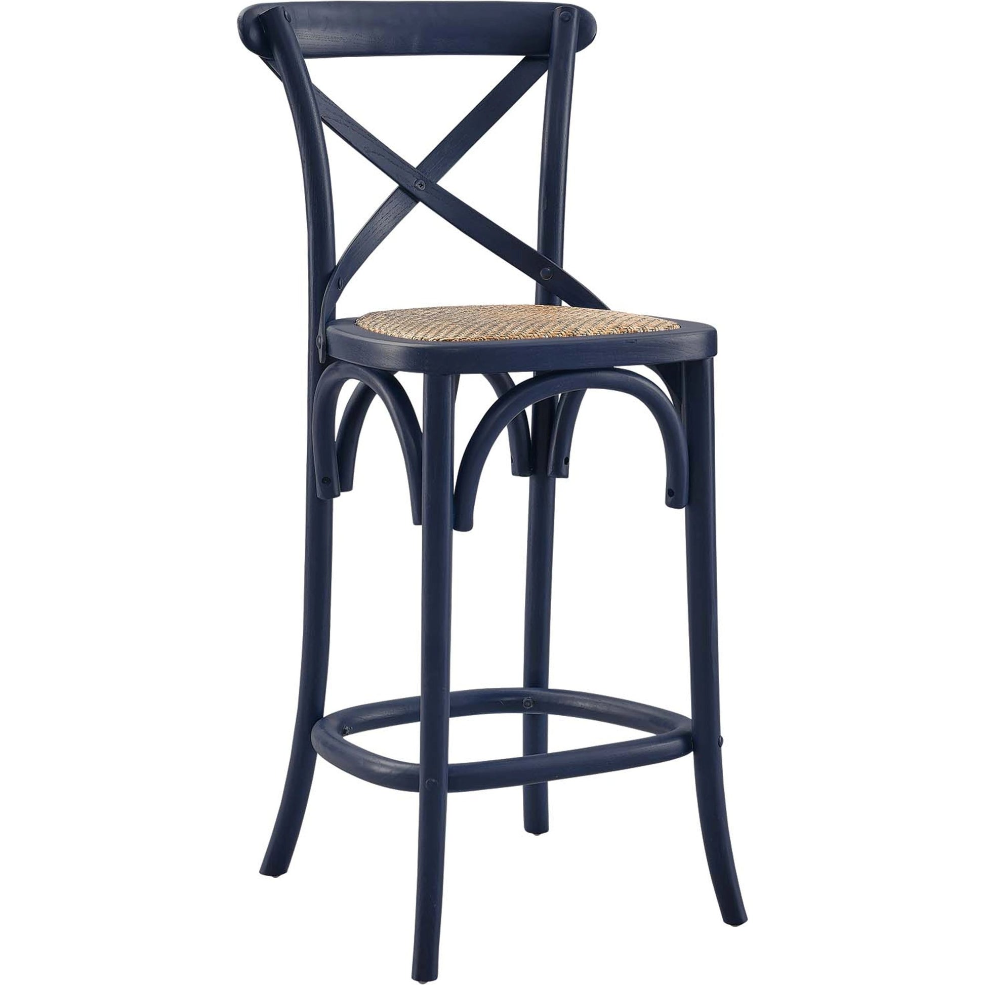Easton Counter Stool by Evans & Londeen. Made from seat board: edge chinese elm wood, middle p2 plywood, top rattan, white foot pins in a transitional style.