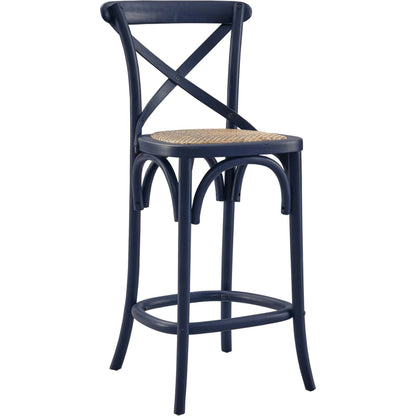 Easton Counter Stool by Evans & Londeen. Made from seat board: edge chinese elm wood, middle p2 plywood, top rattan, white foot pins in a transitional style.