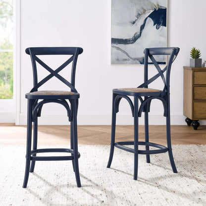 Easton Counter Stool by Evans & Londeen. Made from seat board: edge chinese elm wood, middle p2 plywood, top rattan, white foot pins in a transitional style.