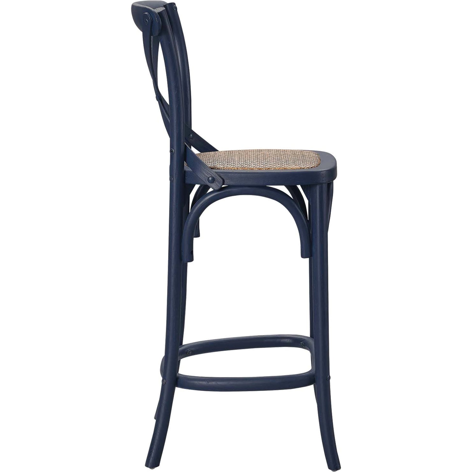 Easton Counter Stool by Evans & Londeen. Made from seat board: edge chinese elm wood, middle p2 plywood, top rattan, white foot pins in a transitional style.