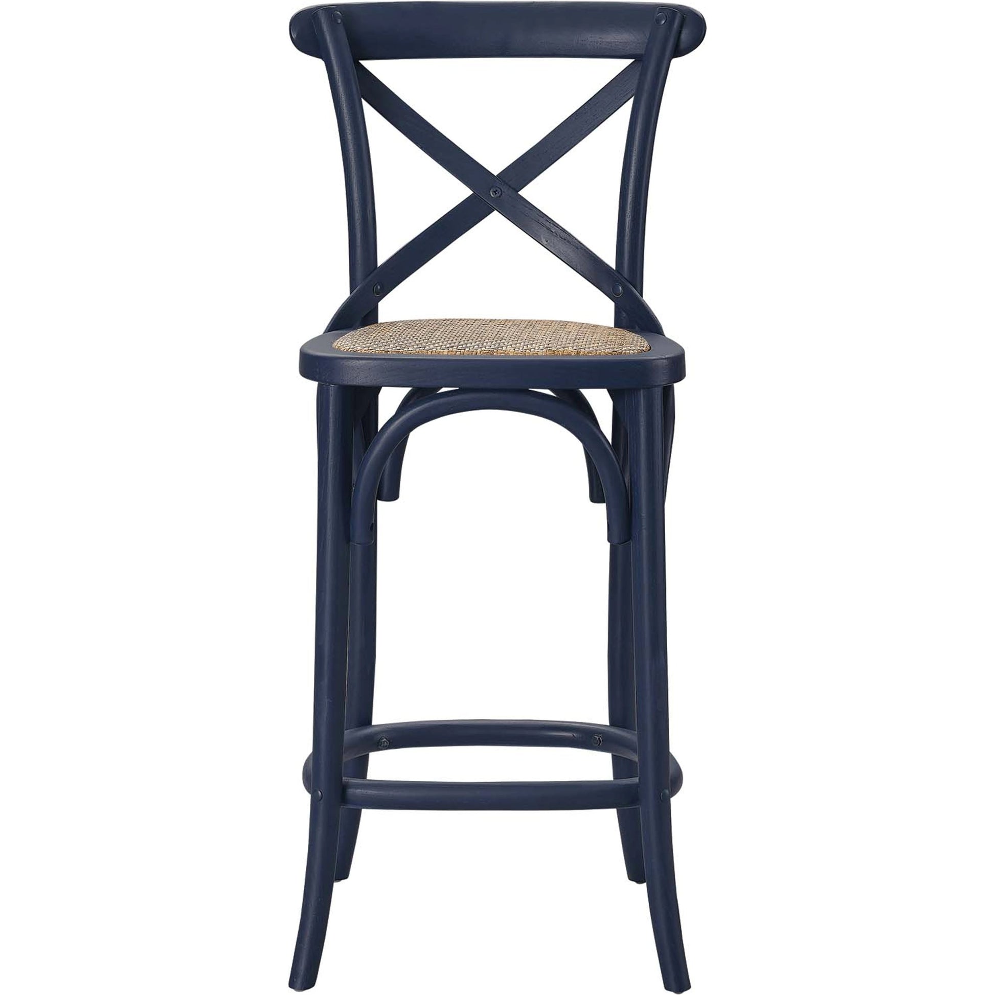 Easton Counter Stool by Evans & Londeen. Made from seat board: edge chinese elm wood, middle p2 plywood, top rattan, white foot pins in a transitional style.