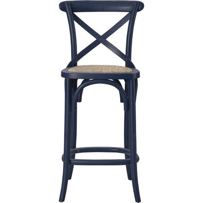 Easton Counter Stool by Evans & Londeen. Made from seat board: edge chinese elm wood, middle p2 plywood, top rattan, white foot pins in a transitional style.