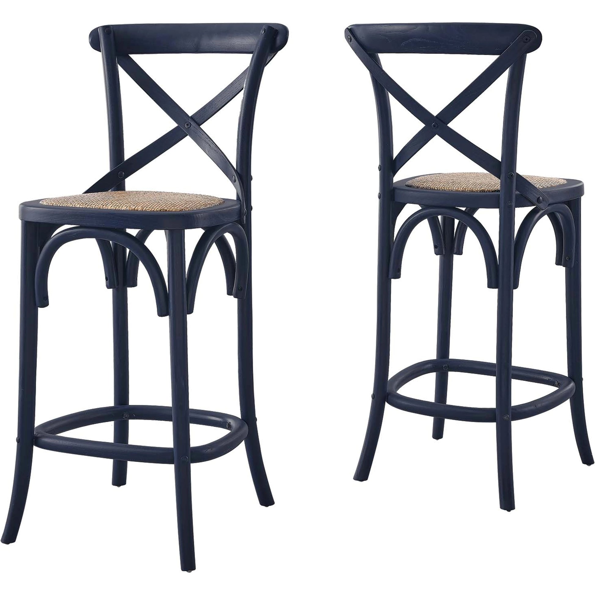Easton Counter Stool by Evans & Londeen. Made from seat board: edge chinese elm wood, middle p2 plywood, top rattan, white foot pins in a transitional style.