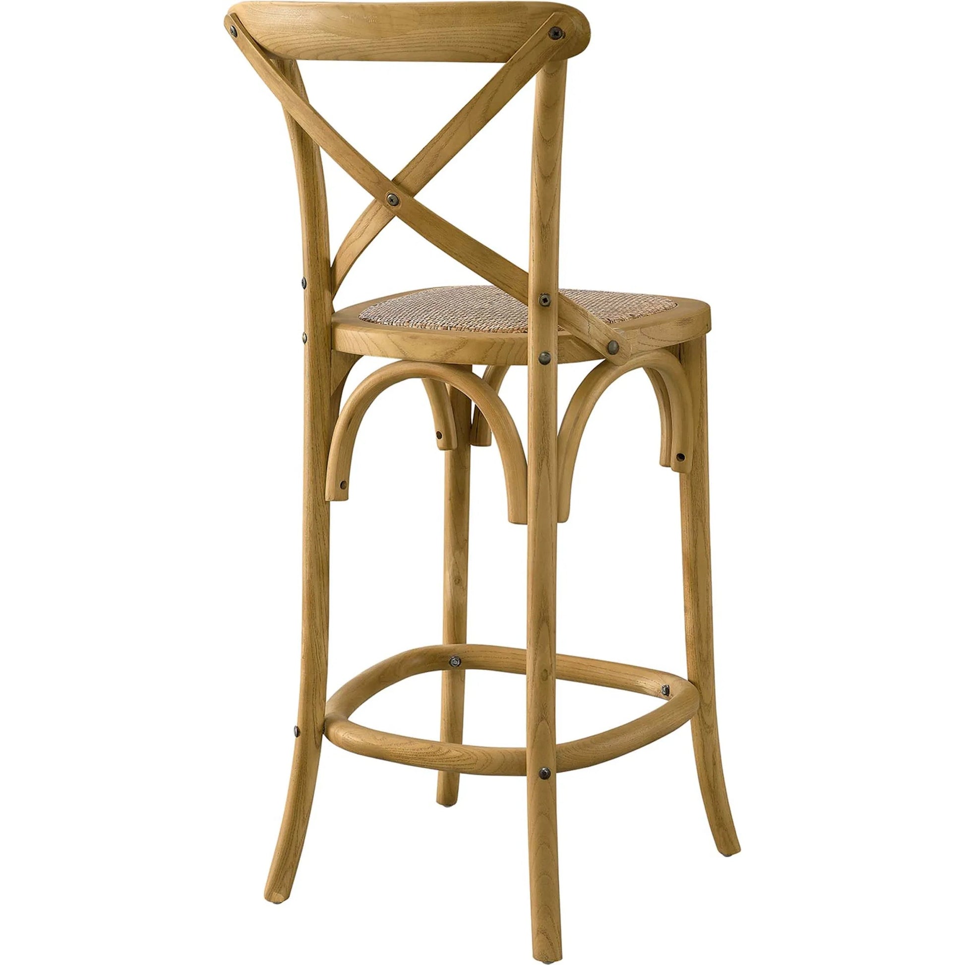 Easton Counter Stool by Evans & Londeen. Made from seat board: edge chinese elm wood, middle p2 plywood, top rattan, white foot pins in a transitional style.