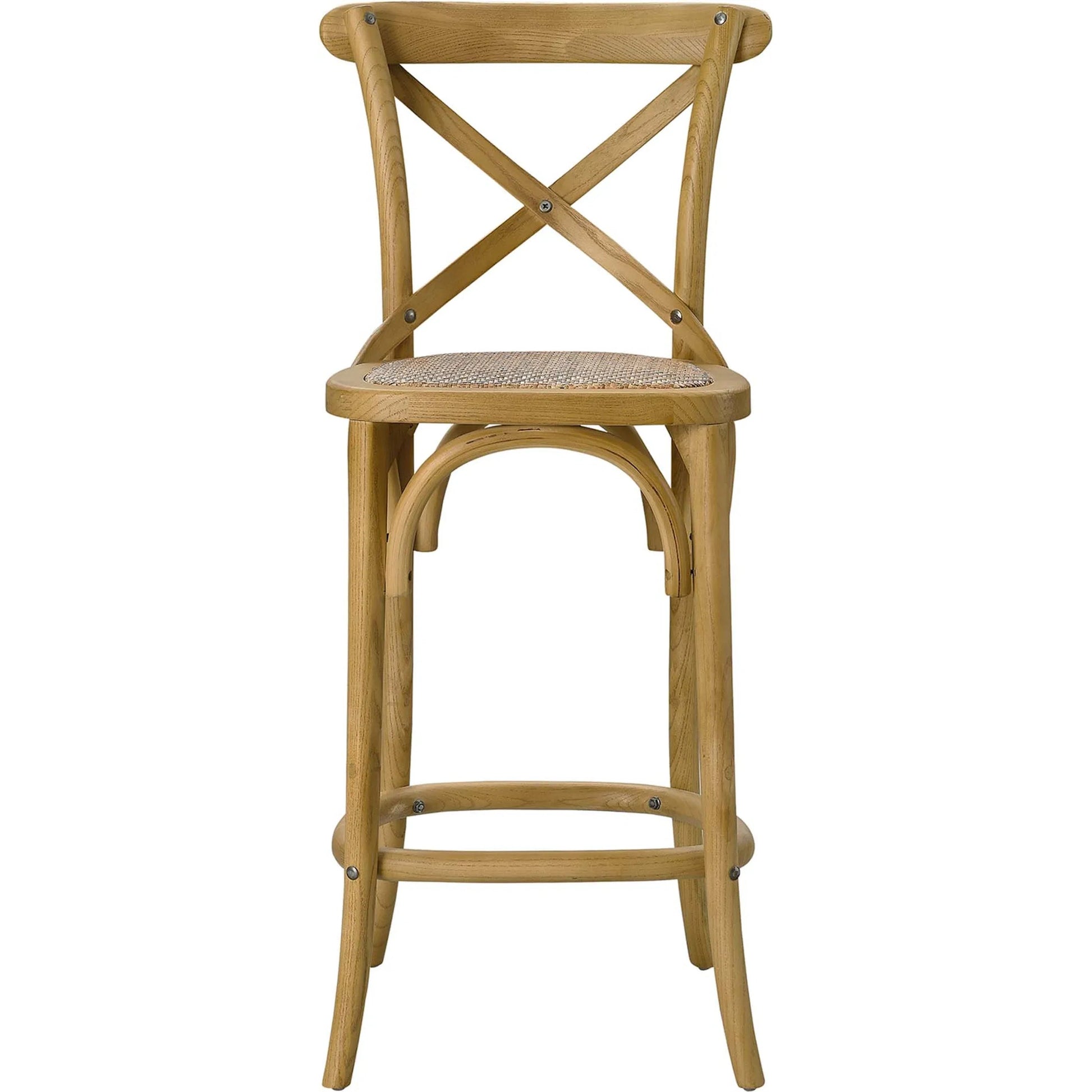 Easton Counter Stool by Evans & Londeen. Made from seat board: edge chinese elm wood, middle p2 plywood, top rattan, white foot pins in a transitional style.