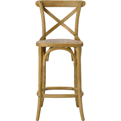 Easton Counter Stool by Evans & Londeen. Made from seat board: edge chinese elm wood, middle p2 plywood, top rattan, white foot pins in a transitional style.