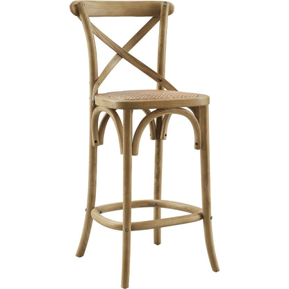 Easton Counter Stool by Evans & Londeen. Made from seat board: edge chinese elm wood, middle p2 plywood, top rattan, white foot pins in a transitional style.
