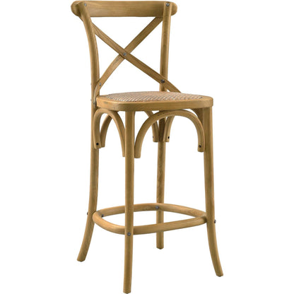 Easton Counter Stool by Evans & Londeen. Made from seat board: edge chinese elm wood, middle p2 plywood, top rattan, white foot pins in a transitional style.